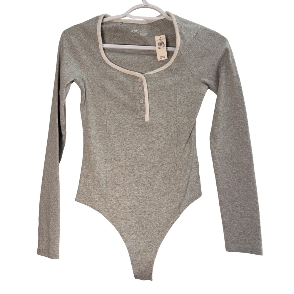 Aerie Grey Henley Long Sleeve Bodysuit Thong Back Contrast Trim Small NWT